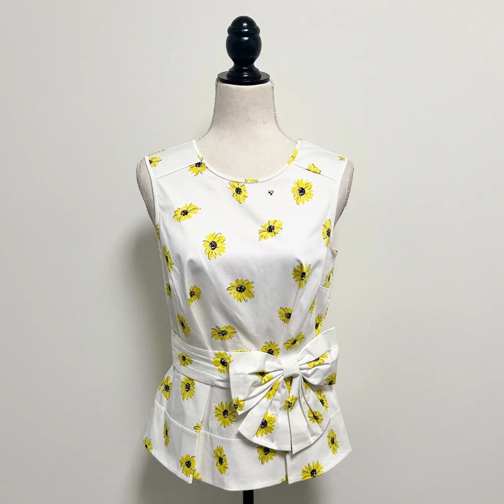 Kate Spade White Yellow Sleeveless Daisy Dot Bow Peplum Top 4 New With Flaws